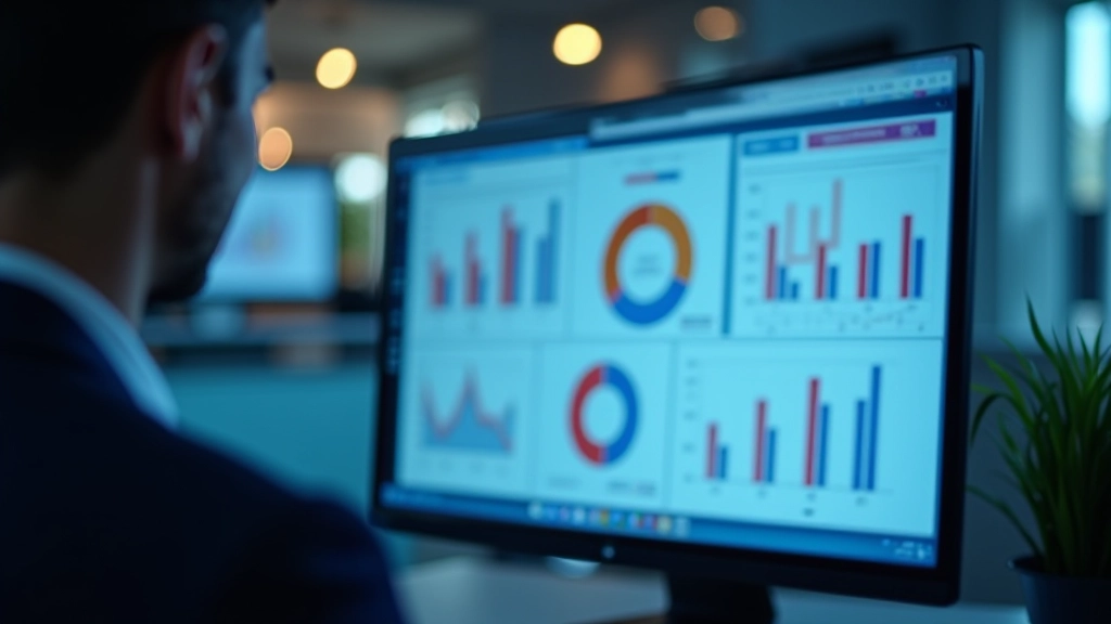 Finanzdiagramme auf Computerbildschirm mit Bankengebäude im Hintergrund