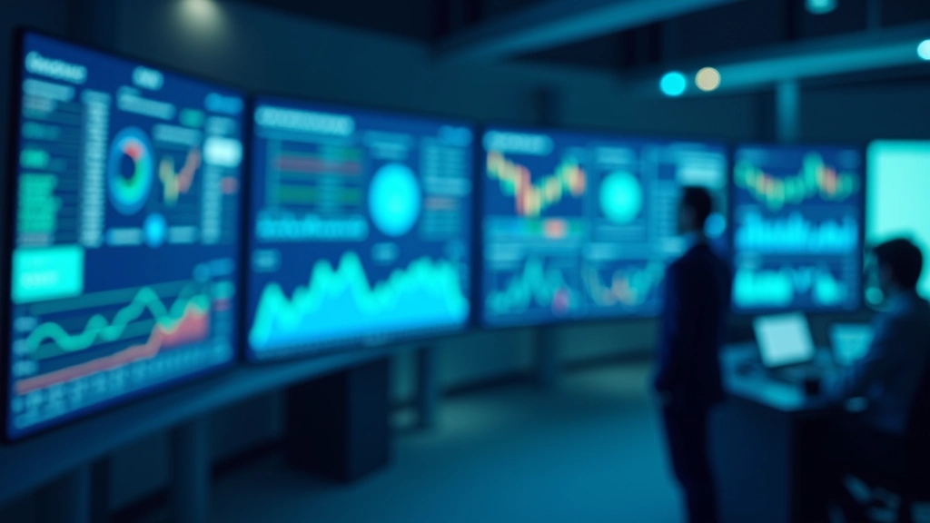 Moderne Bankenzentrale mit Finanzdiagrammen auf Großbildschirmen, Eurozone Flagge im Hintergrund